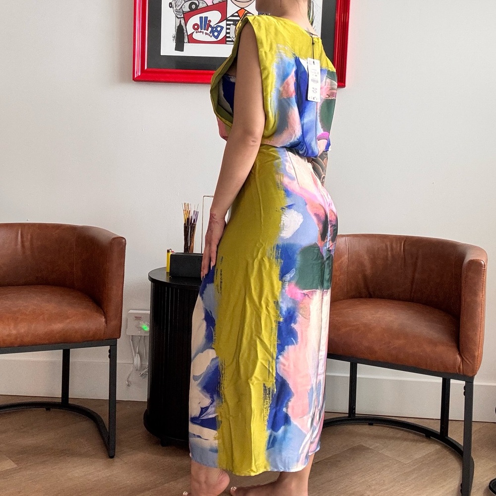 NWT Zara Asymmetrical Multicolor Abstract Print Satin Midi Dress Size Small